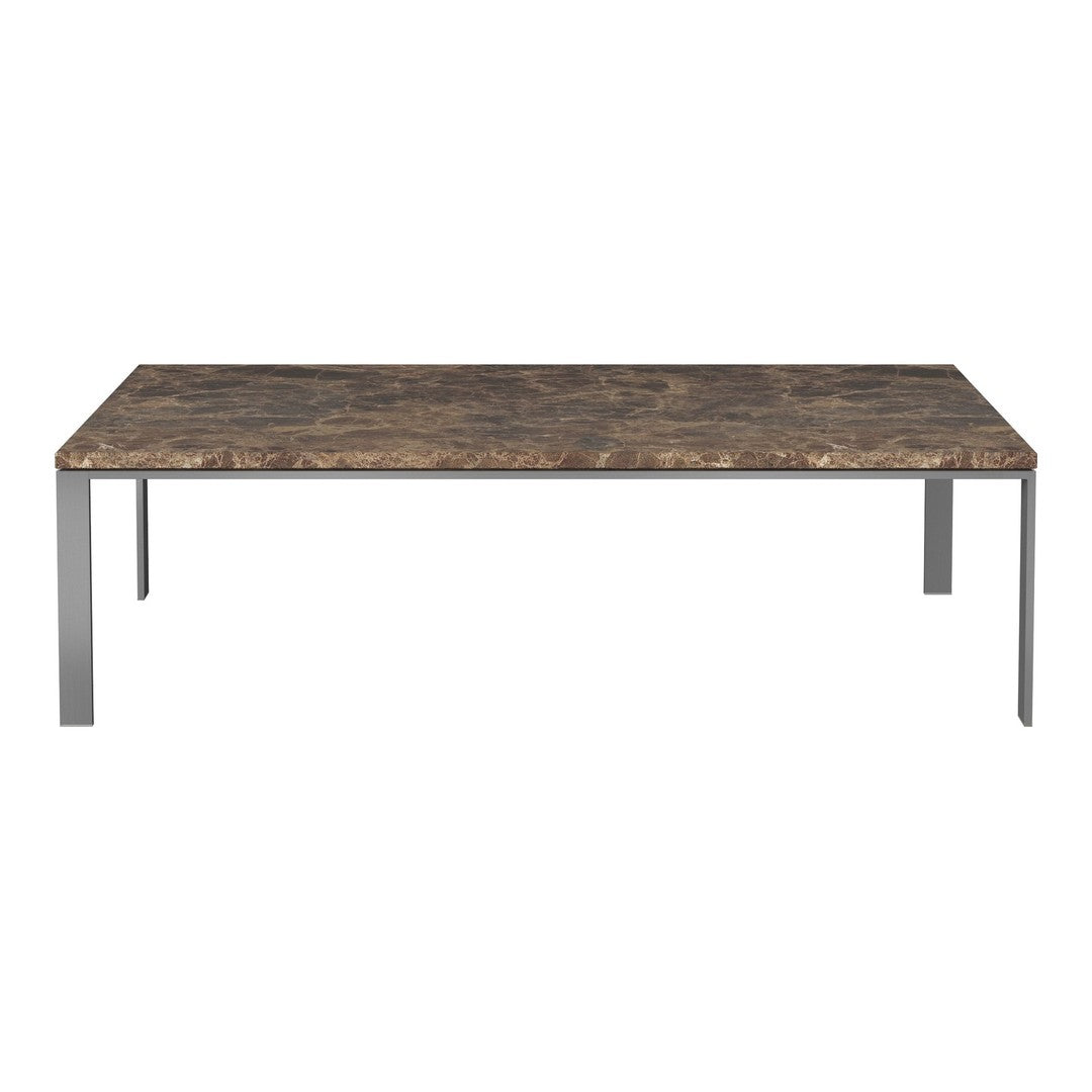 Marble-patterned tabletop in earthy brown and gray tones with sleek silver metal legs. Perfect for modern decor.