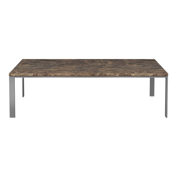 Marble-patterned tabletop in earthy brown and gray tones with sleek silver metal legs. Perfect for modern decor.