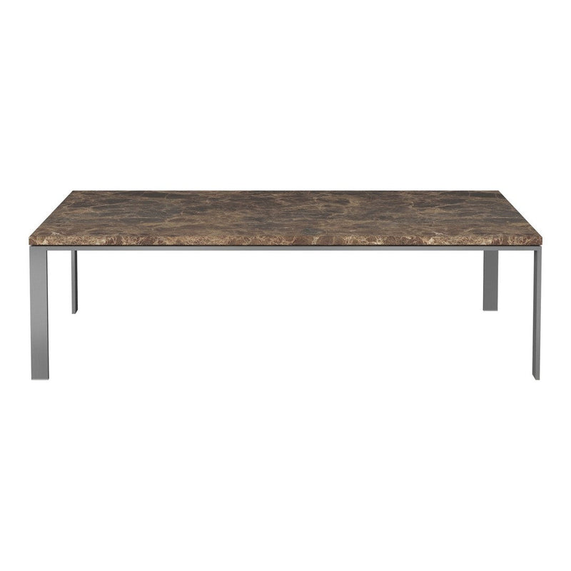 Marble-patterned tabletop in earthy brown and gray tones with sleek silver metal legs. Perfect for modern decor.