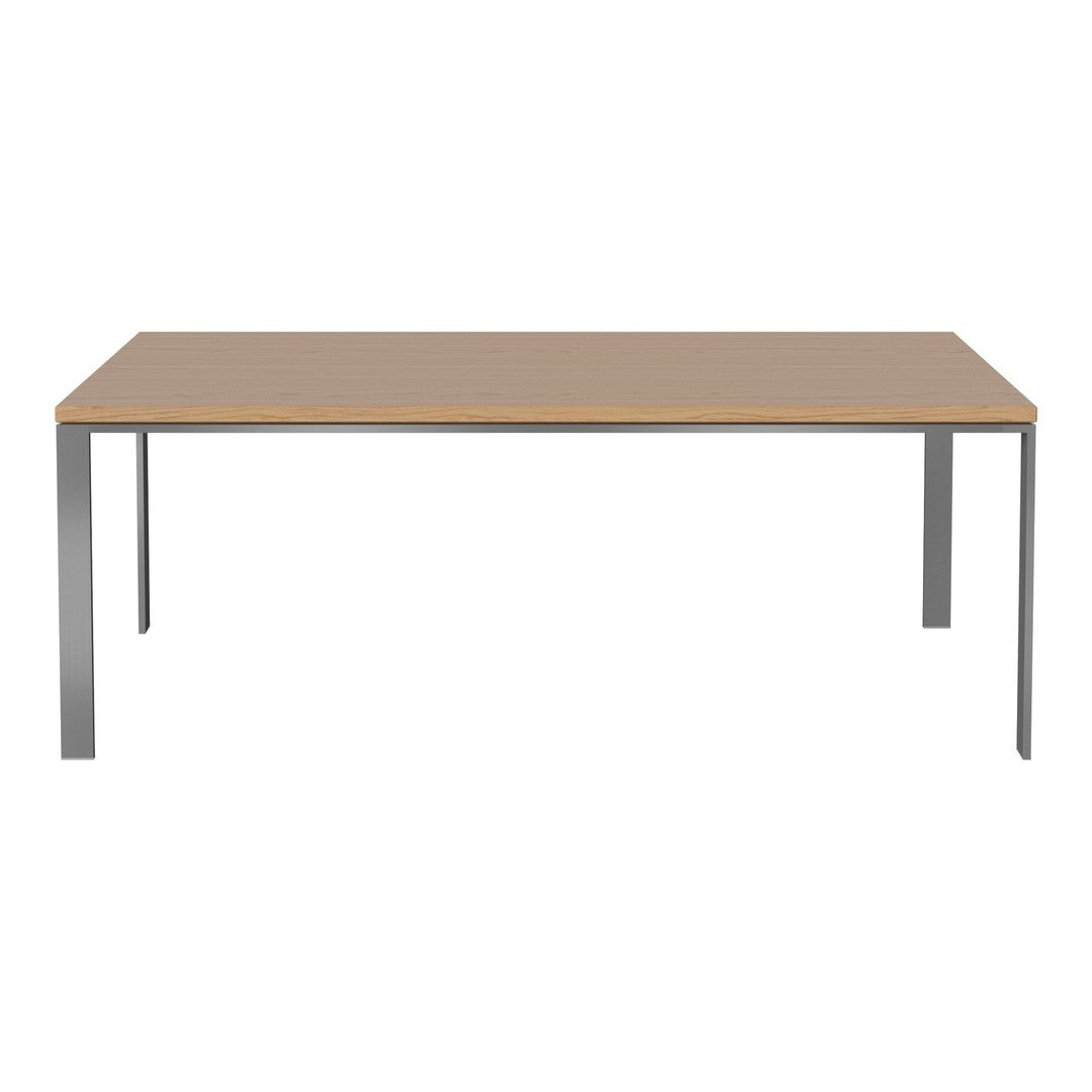 Light wood tabletop with a smooth finish and sleek silver metal legs, featuring a minimalist design.