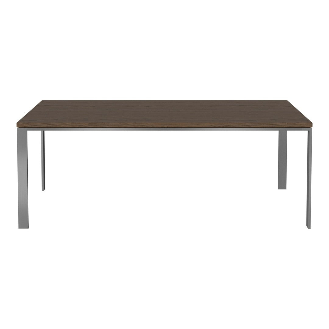 Brown rectangular table with a smooth surface and sleek silver metal legs, perfect for modern dining spaces.