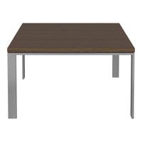 Square wooden table with a dark brown top and silver metal legs, offering a modern minimalist style.