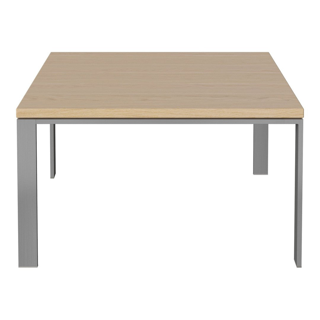 Modern square table with a light wood top and sleek silver metal legs. Ideal for contemporary decor.