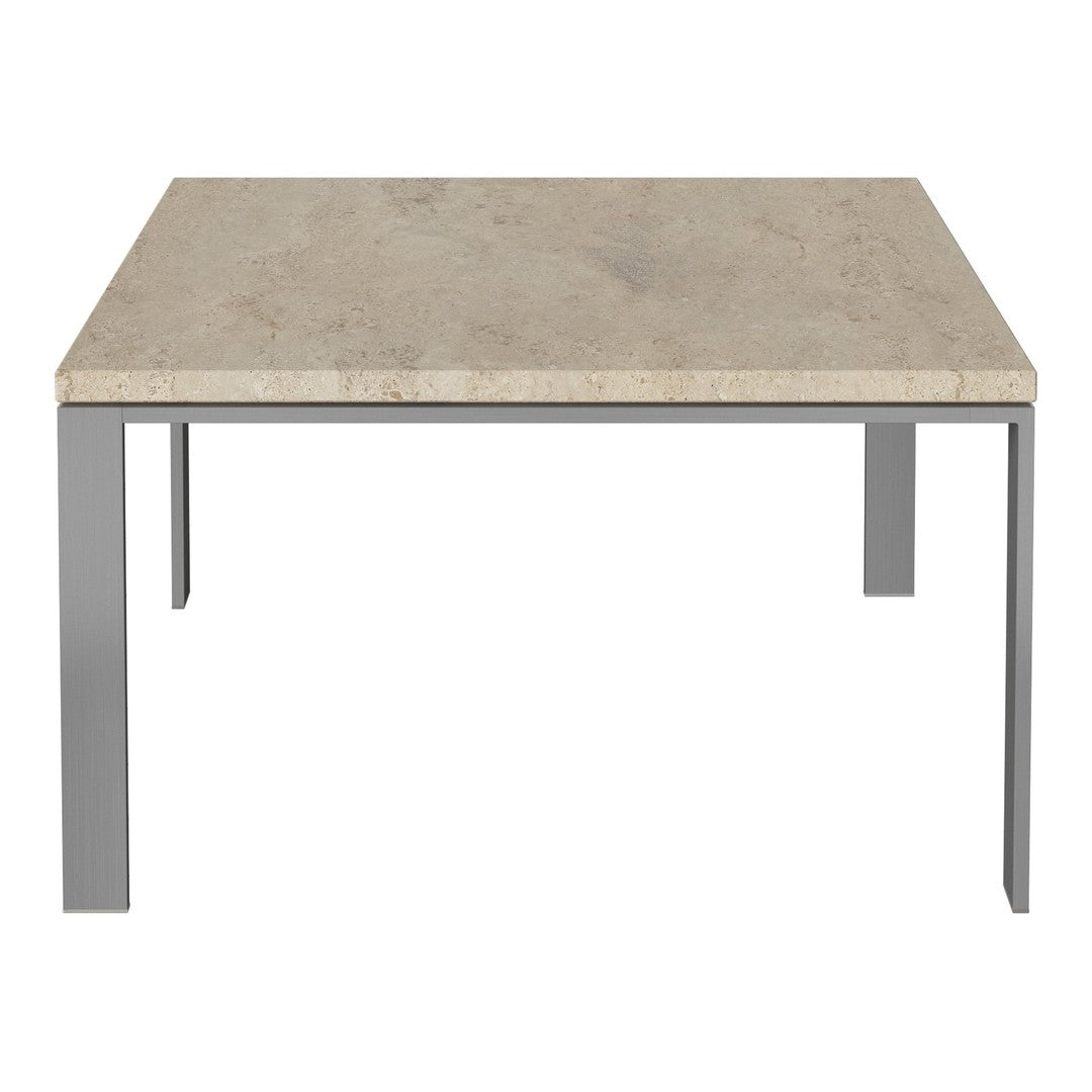 Square table with a light beige stone top and sleek silver metal legs, offering a modern and minimalistic design.