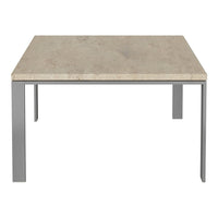 Square table with a light beige stone top and sleek silver metal legs, offering a modern and minimalistic design.