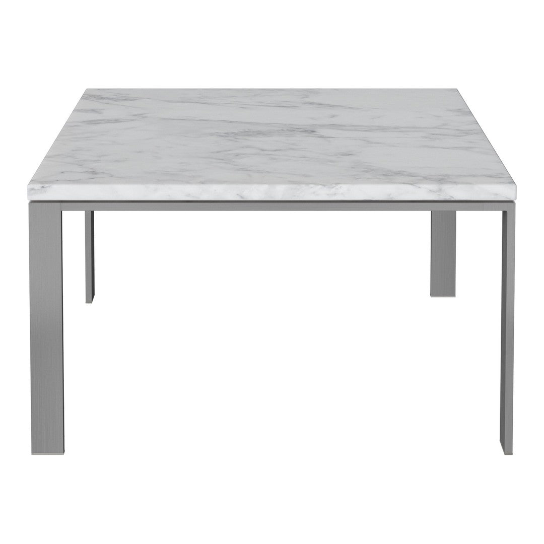 Square coffee table featuring a sleek white marble top with gray veining and modern metal legs.