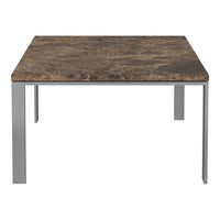 Square table with a dark marble-patterned top and sleek silver metal legs, blending elegance and modern design.