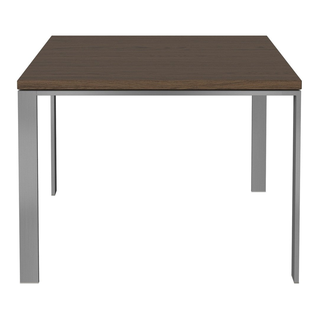 Brown wooden tabletop with a sleek silver metal frame, perfect for modern decor.