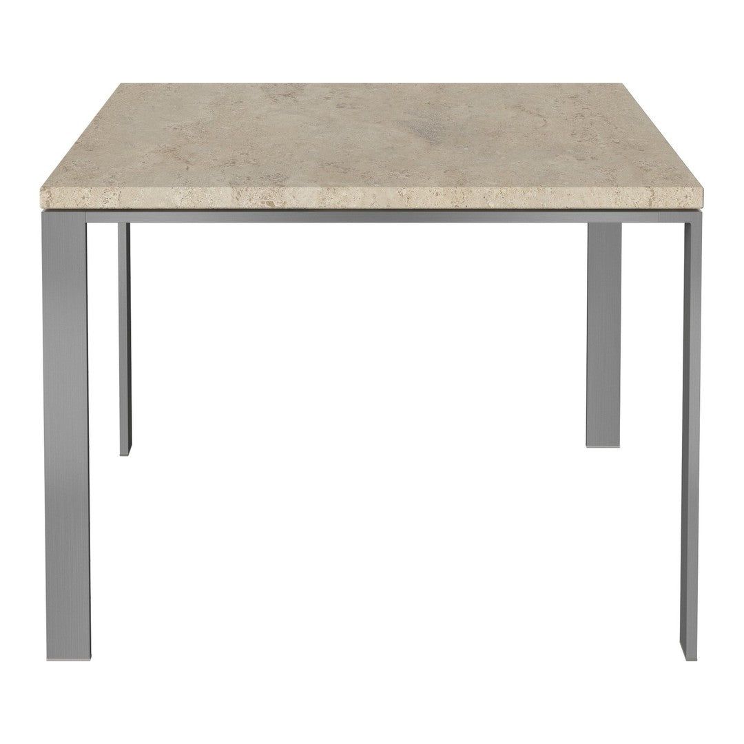 Gray metal frame table with a light beige speckled stone top, perfect for modern interiors.
