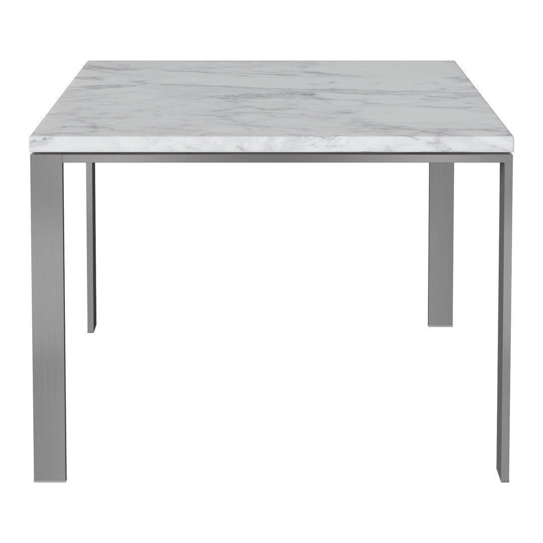 Modern square table featuring a sleek white marble top with subtle gray veining and a minimalist silver metal base.