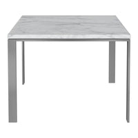 Modern square table featuring a sleek white marble top with subtle gray veining and a minimalist silver metal base.