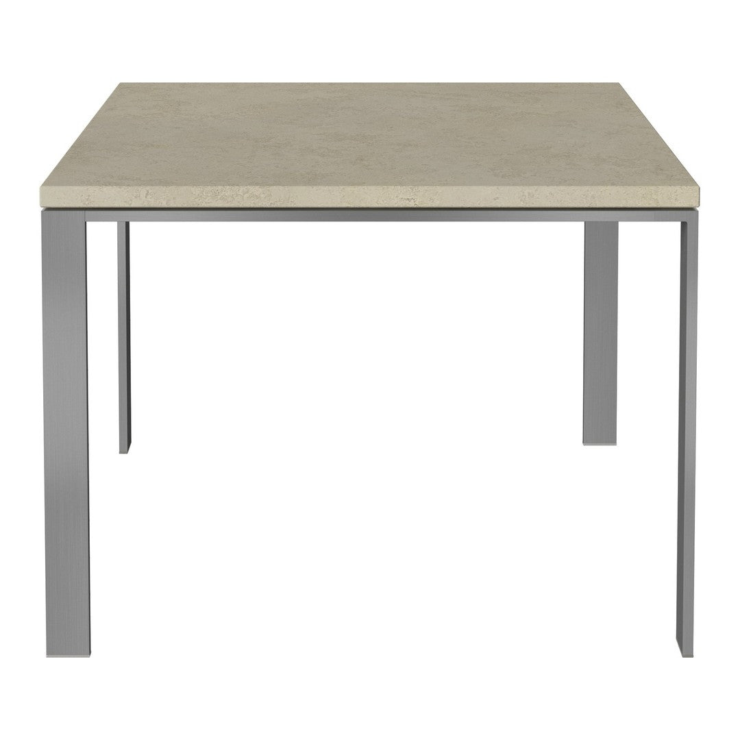 Square table with a sleek gray stone top and metallic silver legs. Modern, minimalist design suitable for any decor.