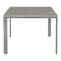 Square table featuring a textured gray stone top and sleek silver metal legs. Modern and minimalist design.
