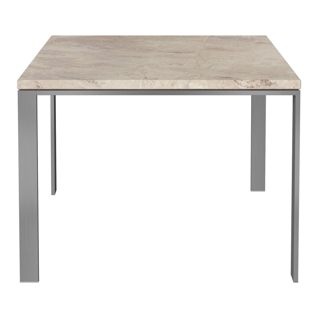 "Modern square table with a light gray marble top and sleek silver metal legs."