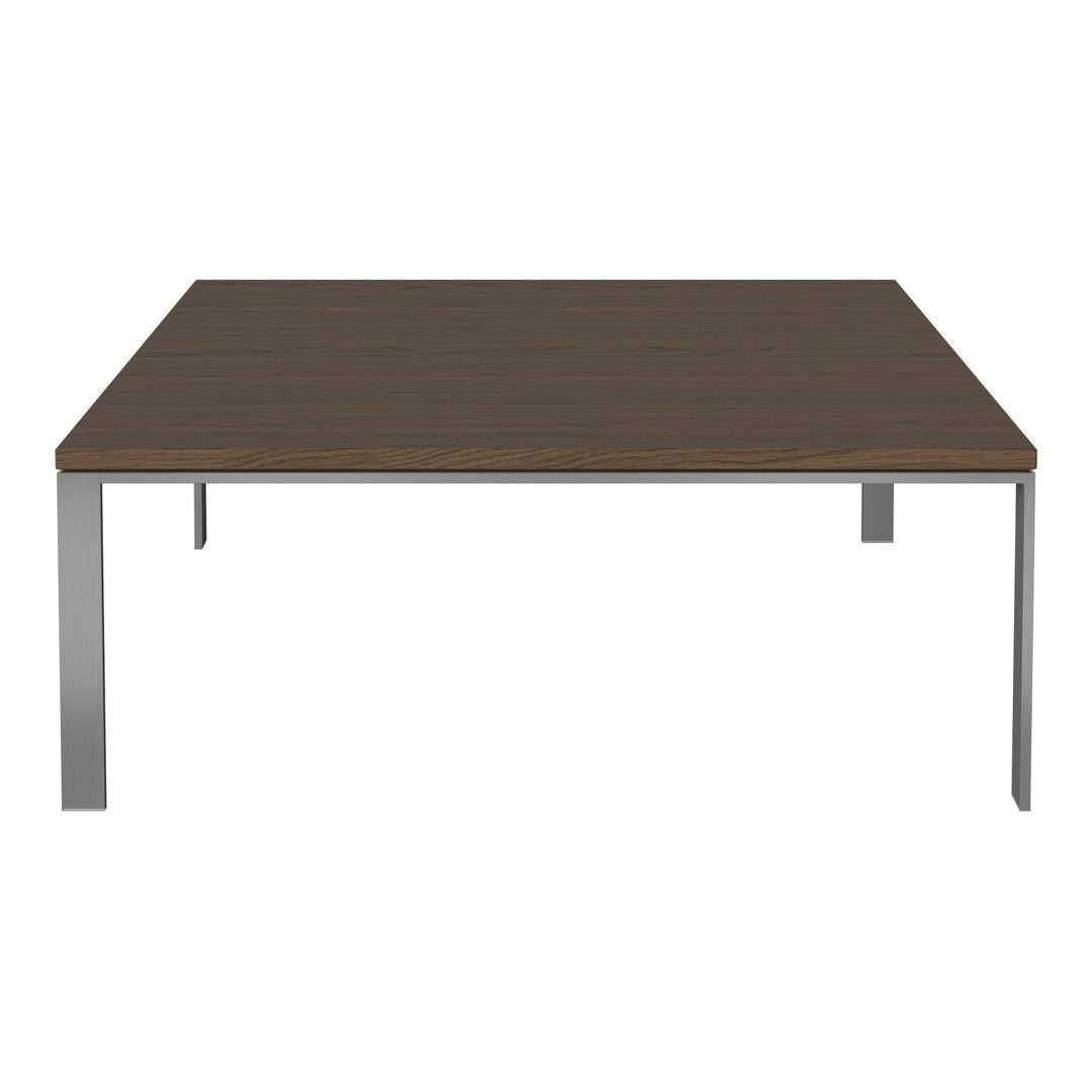 Brown wood tabletop with sleek silver metal legs, featuring a minimalist design and smooth surface. Ideal for modern décor.