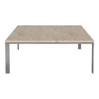 Square coffee table with a light beige stone top and sleek silver metal legs, showcasing a modern, minimalist design.