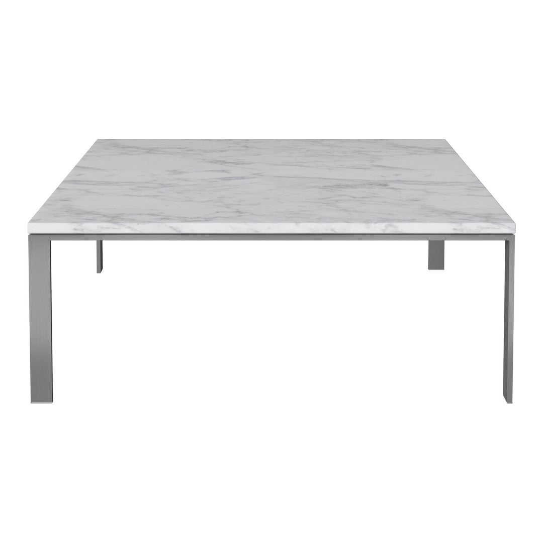 Square coffee table with a white marble top and sleek metallic legs, showcasing a contemporary design and subtle veining.