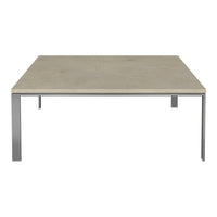 Square concrete coffee table with a smooth gray surface and sleek silver metal legs, perfect for modern decor.