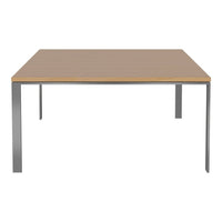 Square table with a light wood top and sleek metal legs, showcasing a minimalistic and modern design.