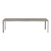 Gray marble-top table with sleek silver metal legs. Minimalist design with a smooth, elegant surface.