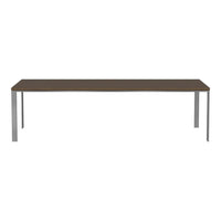 Brown rectangular table with sleek silver legs, featuring a smooth, minimalist design. Perfect for modern spaces.