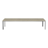 Rectangular dining table with a light gray wood finish and sleek silver metal legs, featuring a minimalist design.