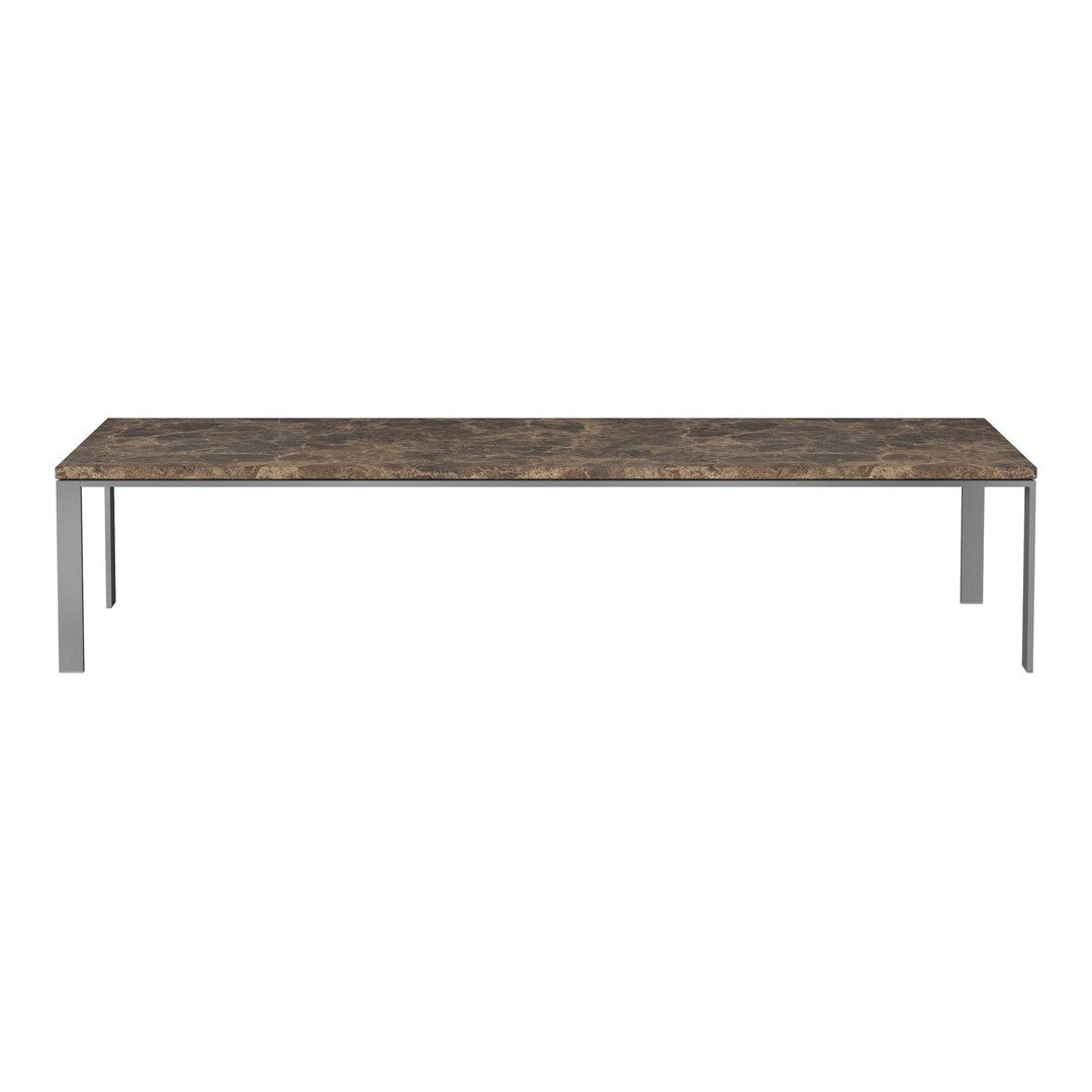 Long rectangular table with a rustic brown wood grain pattern and sleek silver metal legs. Ideal for modern decor.