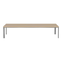 Light beige tabletop with sleek silver metal legs, minimalistic design and smooth finish, perfect for modern spaces.
