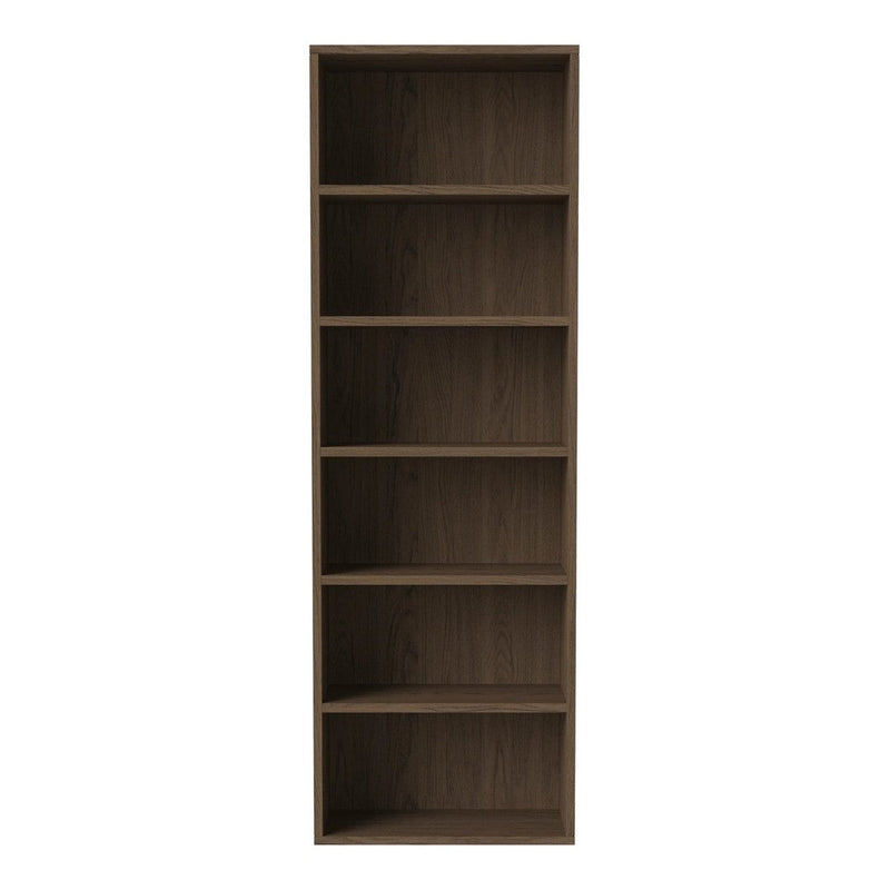 Tall wooden bookshelf in a rich walnut finish with a smooth, uniform texture and clean lines. Perfect for any space.