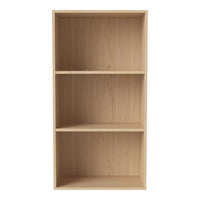 Natural wood grain bookshelf in light oak finish with three open shelves. Modern minimalist design.