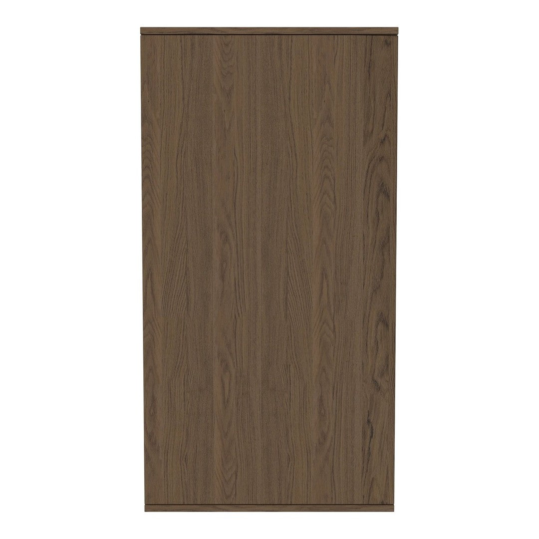 Dark wood grain pattern on a sleek cabinet door, showcasing rich brown tones and a smooth finish.