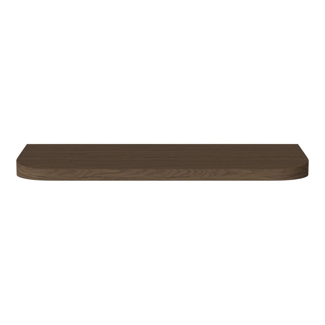 Dark brown wooden shelf with a smooth finish and rounded edges, perfect for modern decor.