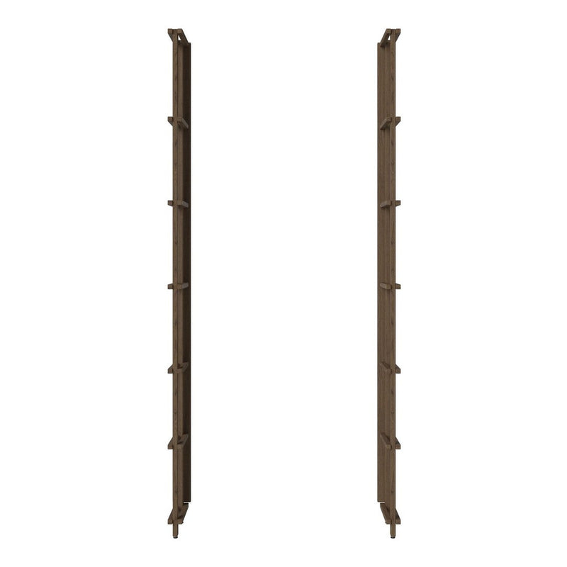 Brown vertical storage racks with six adjustable shelves and a sleek, minimalist design. Perfect for organization.