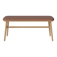 Brown rectangular tabletop with rounded edges, supported by light wooden legs. Simple, modern design.