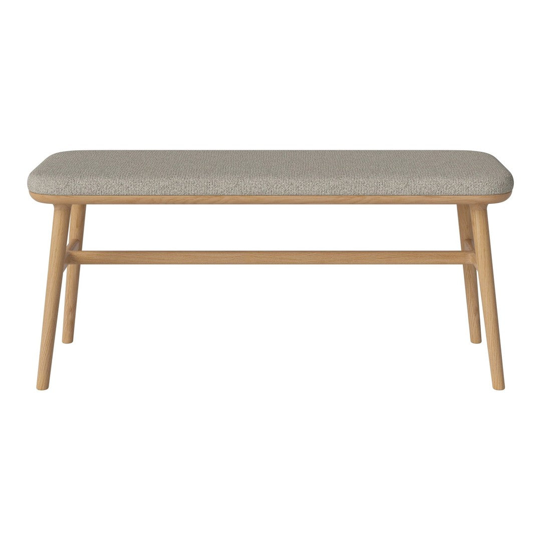 Light gray upholstered bench with natural wood legs, featuring a smooth, minimalist design. Ideal for modern decor.