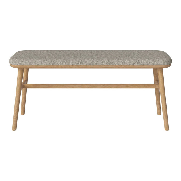 Light gray upholstered bench with natural wood legs, featuring a smooth, minimalist design. Ideal for modern decor.
