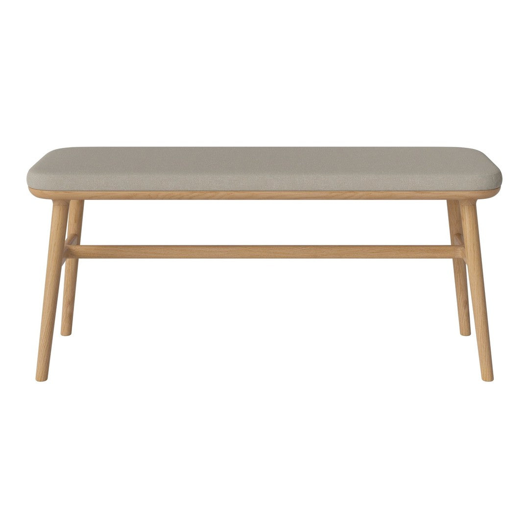 Neutral gray upholstered top with natural wooden legs, featuring a simple, clean design and minimalist aesthetic.