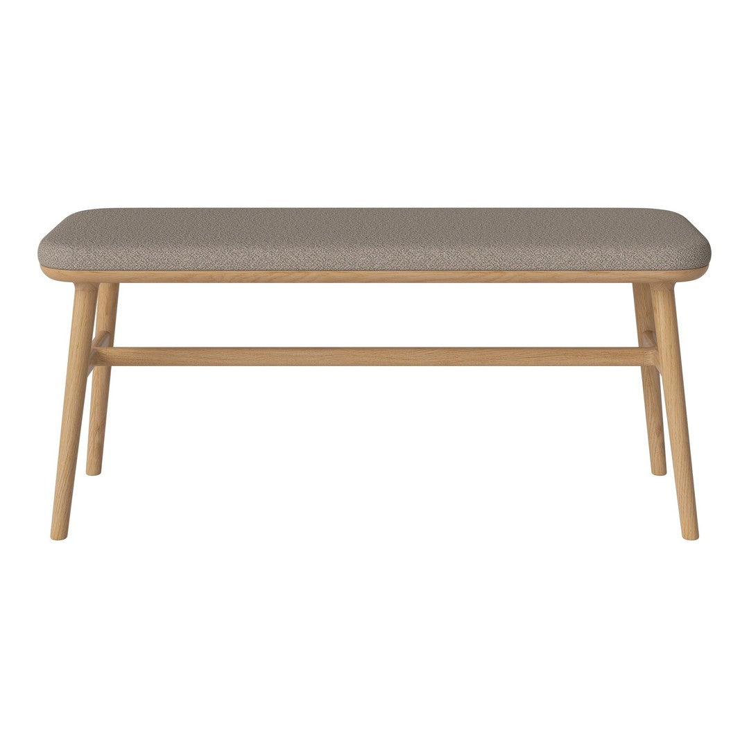 Neutral gray upholstered top with light wood legs, featuring a simple, modern design. Perfect for any decor.