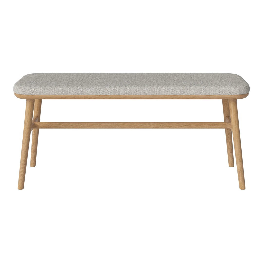 Light gray upholstered bench with a natural wood frame, featuring a smooth, minimalist design. Ideal for modern decor.