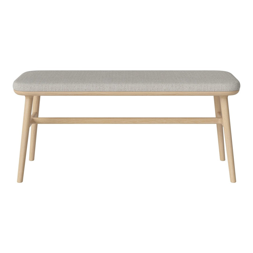 Light wood bench with a soft gray upholstered top, featuring a minimalist design and natural finish. Ideal for modern decor.