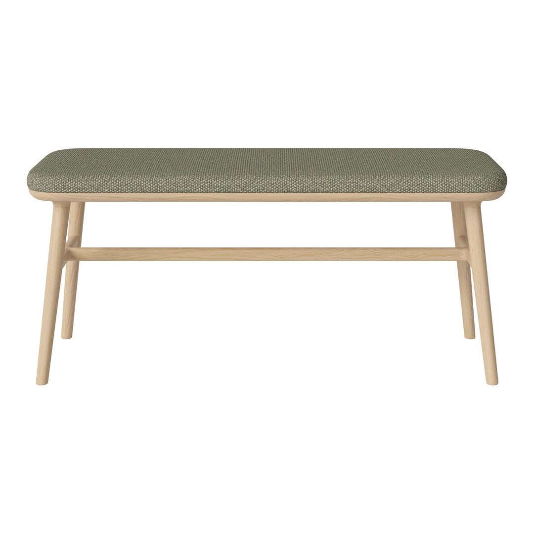 Light wood bench with a textured green upholstered top, featuring a simple and modern design.