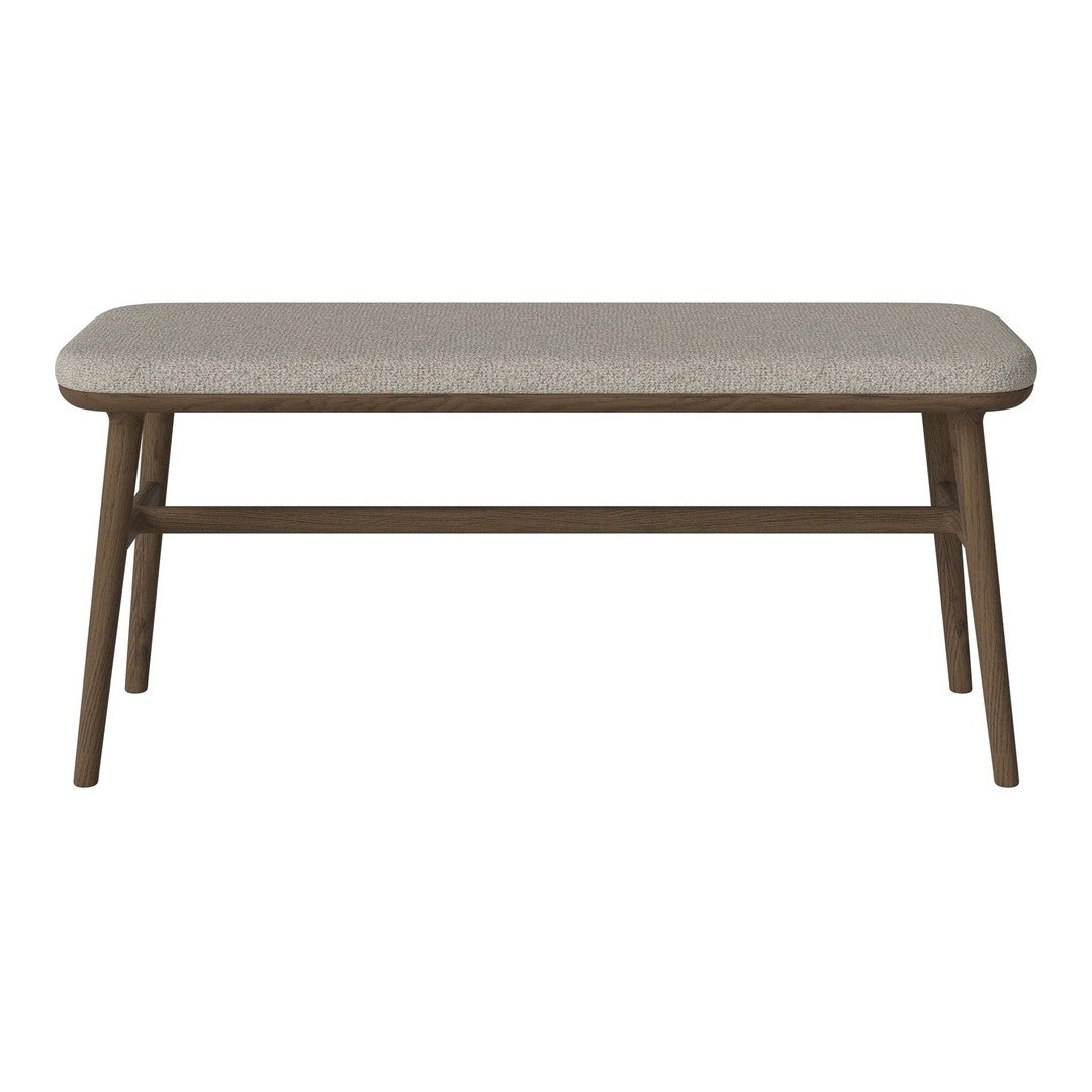 Light beige upholstered bench with a natural wood frame, featuring a simple, modern design. Perfect for any decor.