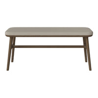 Light grey rectangular coffee table with a smooth top and a brown wooden frame. Minimalist design and sleek silhouette.
