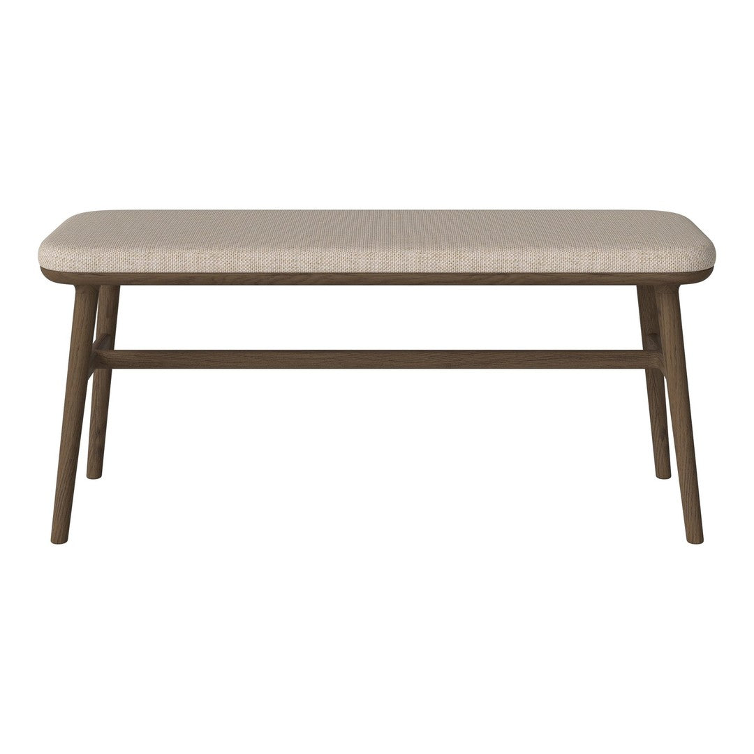 Light beige rectangular table with a smooth top and natural wood legs, showcasing a minimalist design.