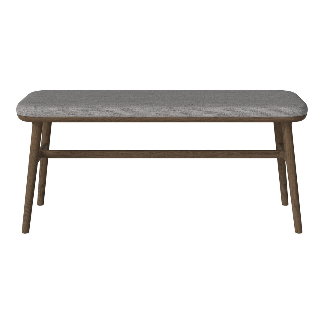 Gray upholstered bench with a textured pattern and brown wooden legs, perfect for modern decor.