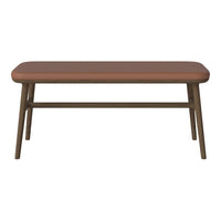 Brown upholstered rectangular coffee table with a sleek, minimalist design and light wooden legs.
