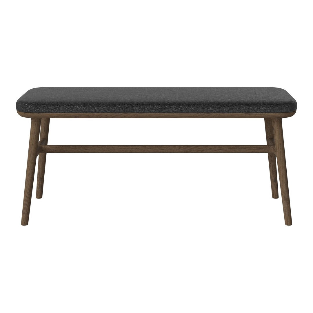 Black upholstered bench with a sleek, smooth surface and a warm wooden frame. Modern and elegant design.