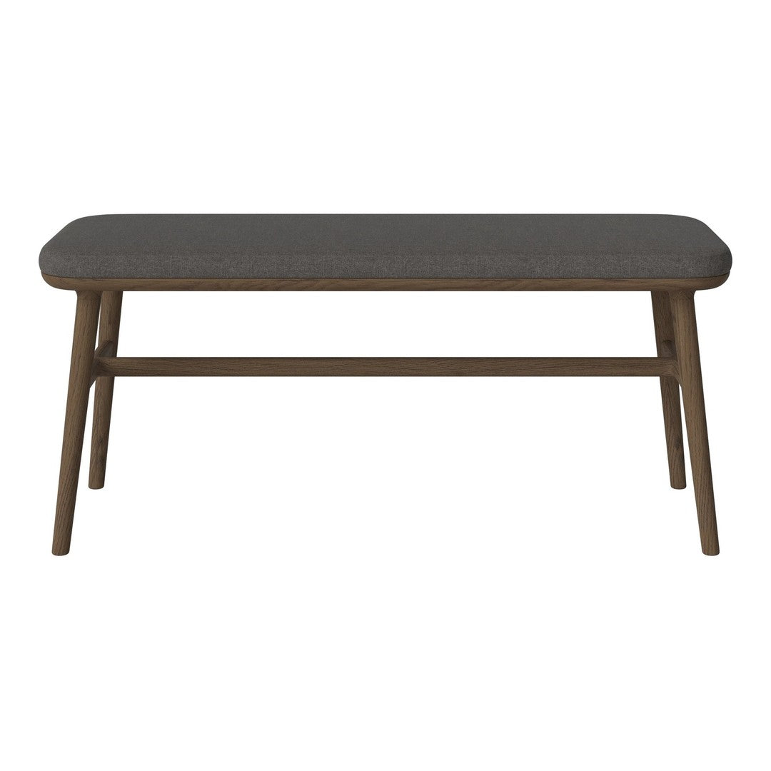 Gray upholstered coffee table with natural wood legs, featuring a minimalist design. Perfect for modern living spaces.