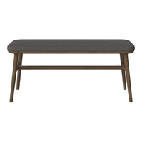 Gray upholstered coffee table with natural wood legs, featuring a minimalist design. Perfect for modern living spaces.
