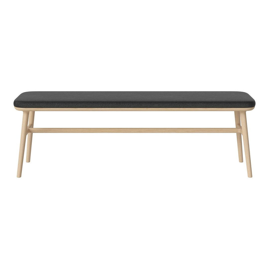 Black upholstered bench with a natural wood frame, featuring a sleek, minimalist design and crisp lines.